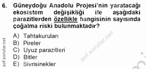 6. soru: Güneydoğu Anadolu Projesi'nin yaratacağı ekosistem değişikliği ile aşağıdaki parazitlerden özellikle hangisinin sayıs…