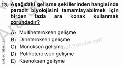 13. soru: Aşağıdaki gelişme şekillerinden hangisinde parazit biyolojisini tamamlayabilmek için birden fazla ara konak kullanmak…