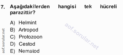 7. soru: Aşağıdakilerden hangisi tek hücreli parazittir? A) Helmint B) Artropod C) Protozoon D) Cestod E) Nematod