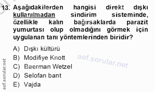 13. soru: Aşağıdakilerden hangisi direkt dışkı kullanılmadan sindirim sisteminde, özellikle kalın bağırsaklarda parazit yumurta…