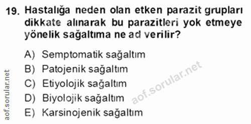 19. soru: Hastalığa neden olan etken parazit grupları dikkate alınarak bu parazitleri yok etmeye yönelik sağaltıma ne ad verili…