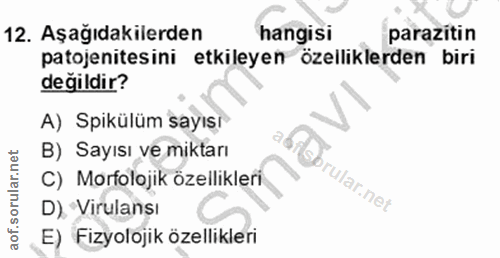 12. soru: Aşağıdakilerden hangisi parazitin patojenitesini etkileyen özelliklerden biri değildir? A) Spikülüm sayısı B) Sayısı…