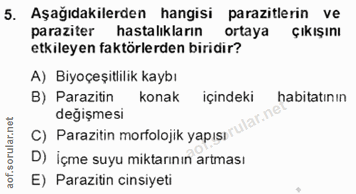 5. soru: Aşağıdakilerden hangisi parazitlerin ve paraziter hastalıkların ortaya Çıkışını etkileyen faktörlerden biridir? A) Bi…