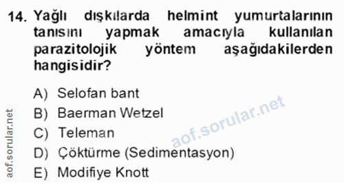 14. soru: Yağlı dışkilarda helmint yumurtalarının ta nis inı yapmak amacıyla kullanılan parazitolojik yöntem aşağıdakilerden ha…