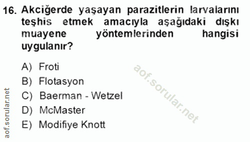 16. soru: Akciğerde yaşayan parazitlerin larvalarını teşhis etmek amacıyla aşağıdaki dışkı muayene yöntemlerinden hangisi uygul…