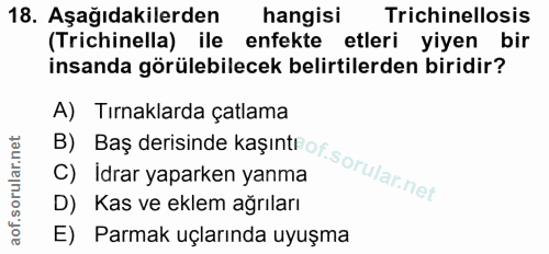 18. soru: Aşağıdakilerden hangisi Trichinellosis (Trichinella) ile enfekte • etleri yiyen bir insanda görülebilecek belirtilerd…