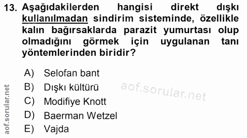 13. soru: Aşağıdakilerden hangisi direkt dışkı kullanılmadan sindirim sisteminde, özellikle kalın bağırsaklarda parazit yumurta…
