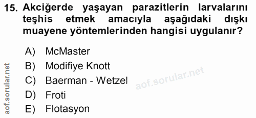 15. soru: Akciğerde yaşayan parazitlerin larvalarını teşhis etmek amacıyla aşağıdaki dışkı muayene yöntemlerinden hangisi uygul…