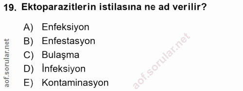 19. soru: Ektoparazitlerin istilasına ne ad verilir? A) Enfeksiyon B) Enfestasyon C) Bulaşma D) Ineksiyon E) Kontaminasyon