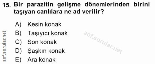15. soru: Bir parazitin gelişme dönemlerinden birini taşıyan canlılara ne ad verilir? A) Kesin konak B) Taşıyıcı konak C) Son k…