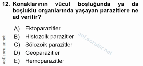 12. soru: Konaklarının vücut boşluğunda ya da boşluklu organlarında yaşayan parazitlere ne ad verilir? A) Ektoparazitler B) His…