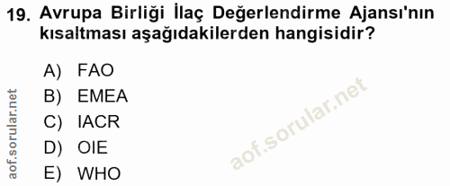 19. soru: Avrupa Birliği İlaç Değerlendirme Ajansı'nın kısaltması aşağıdakilerden hangisidir? A) FAO B) EMEA lof. C) IACR D) OI…