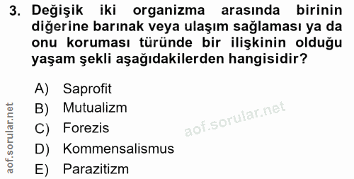 3. soru: Değişik iki organizma arasında birinin diğerine barınak veya ulaşım sağlaması ya da onu koruması türünde bir ilişkini…