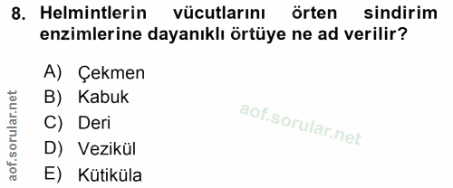 8. soru: Helmintlerin vücutlarını örten sindirim enzimlerine dayanıklı örtüye ne ad verilir? A) Çekmen B) Kabuk C) Deri D) Vez…