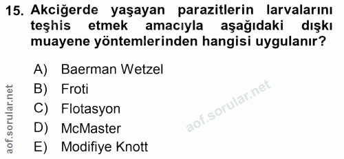 15. soru: Akciğerde yaşayan parazitlerin larvalarını teşhis etmek amacıyla aşağıdaki dışkı muayene yöntemlerinden hangisi uygul…