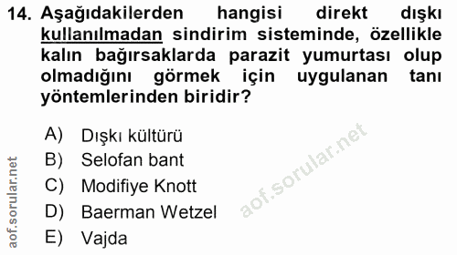 14. soru: Aşağıdakilerden hangisi direkt dışkı kullanılmadan sindirim sisteminde, özellikle kalın bağırsaklarda parazit yumurta…