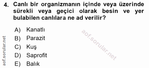 4. soru: Canlı bir organizmanın içinde veya üzerinde sürekli veya geçici olarak besin ve yer bulabilen canlılara ne ad verilir…