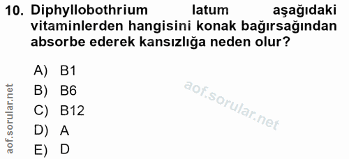 10. soru: Diphyllobothrium latum aşağıdaki vitaminlerden hangisini konak bağırsağından absorbe ederek kansızlığa neden olur? A)…