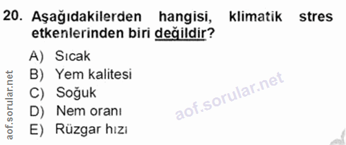 20. soru: Aşağıdakilerden hangisi, Klimatik stres etkenlerinden biri değildir? A) Sıcak B) Yem kalitesi C) Soğuk D) Nem orani E…