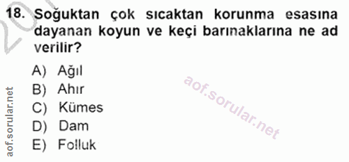 18. soru: Soğuktan çok sıcaktan korunma esasına dayanan koyun ve keçi barınaklarına ne ad verilir? A) Ağıl B) Ahir C) Kümes D)…