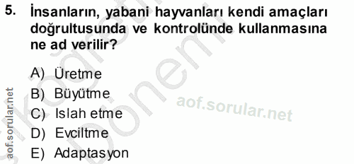 5. soru: İnsanların, yabani hayvanları kendi amaçları doğrultusunda ve kontrolünde kullanmasına ne ad verilir? A) Üretme B) Bü…