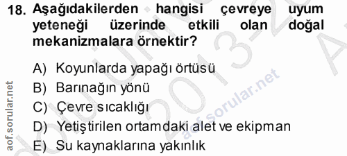 18. soru: Aşağıdakilerden • hangisi çevreye uyum yeteneği üzerinde etkili olan doğal mekanizmalara örnektir? A) Koyunlarda yapa…