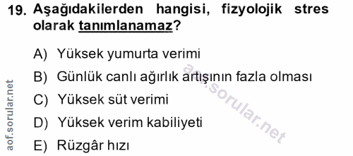 19. soru: Aşağıdakilerden hangisi, fizyolojik stres olarak tanımlanamaz? A) Yüksek yumurta verimi B) Günlük canlı ağırlık artış…