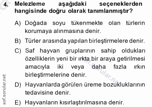 4. soru: Melezleme aşağıdaki seçeneklerden hangisinde doğru olarak tanımlanmıştır? A) Doğada soyu tükenmekte olan türlerin kor…