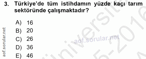 3. soru: Türkiye'de tüm istihdamın yüzde kaçı tarım sektöründe çalışmaktadır? A) 16 B) 20 C) 26 of sorular ner D) 36 E) 46