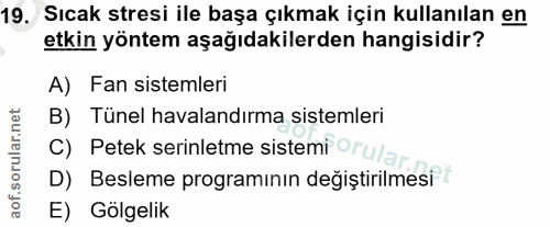 19. soru: Sıcak stresi ile başa çıkmak için kullanılan en etkin yöntem aşağıdakilerden hangisidir? A) Fan sistemleri B) Tünel h…