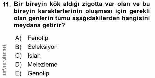 11. soru: Bir bireyin kök aldığı zigotta var olan ve bu bireyin karakterlerinin oluşması ıçın gerekli olan genlerin tümü aşağıd…