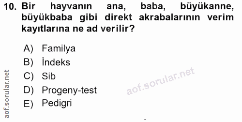 10. soru: Bir hayvanın ana, baba, büyükanne, büyükbaba gibi direkt akrabalarının verim kayıtlarına ne ad verilir? A) Familya B)…
