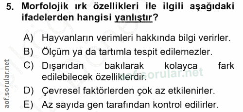 5. soru: Morfolojik irk özellikleri ile ilgili aşağıdaki ifadelerden hangisi yanlıştır? A) Hayvanların verimleri hakkında bilg…