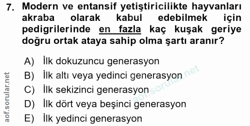 7. soru: Modern ve entansif yetiştiricilikte hayvanları akraba olarak kabul edebilmek için pedigrilerinde en fazla kaç kuşak g…
