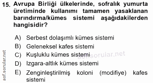 15. soru: Avrupa Birliği ülkelerinde, sofralık yumurta üretiminde kullanımı tamamen yasaklanan barındırma/kümes sistemi aşağıda…