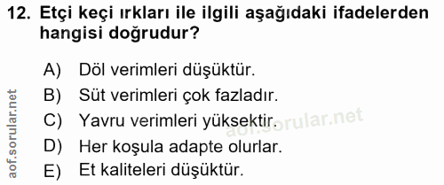 12. soru: Etçi keçi ırkları ile ilgili aşağıdaki ifadelerden hangisi doğrudur? A) Döl verimleri düşüktür. B) Süt verimleri çok…