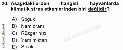 20. soru: Aşağıdakilerden hangisi hayvanlarda klimatik stres etkenlerinden biri değildir? A) Soğuk B) Nem oranı C) | Rüzgar hız…