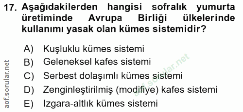 17. soru: Aşağıdakilerden hangisi sofralık yumurta uretiminde Avrupa Birliği ülkelerinde kullanımı yasak olan kümes sistemidir?…