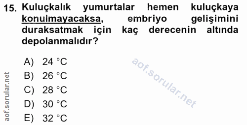 15. soru: Kuluçkalık yumurtalar hemen kuluçkaya konulmayacaksa, embriyo gelişimini duraksamak için kaç derecenin altında depola…