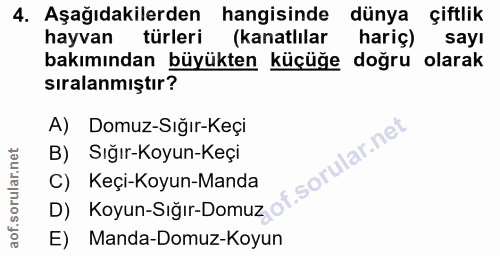 4. soru: Aşağıdakilerden hangisinde dünya çiftlik hayvan türleri (kanatlılar hariç) sayı bakımından büyükten küçüğe doğru olar…