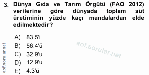 3. soru: Dünya Gıda ve Tarım Örgütü (FAO 2012) verilerine göre dünyada toplam süt üretiminin yüzde kaçı mandalardan elde edilm…