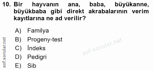 10. soru: Bir hayvanın ana, baba, büyükanne, büyükbaba gibi direkt akrabalarının verim kayıtlarına ne ad verilir? A) Familya B)…