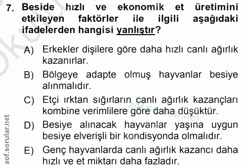 7. soru: Beside hızlı ve ekonomik et üretimini etkileyen faktörler ile ilgili aşağıdaki ifadelerden hangisi yanlıştır? A) Erke…