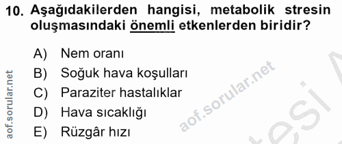10. soru: Aşağıdakilerden hangisi, metabolik stresin oluşmasındaki önemli etkenlerden biridir? A) Nem oranı Soğuk hava koşullar…