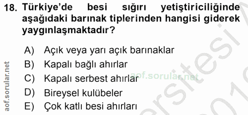 18. soru: Türkiye'de besi sığırı yetiştiriciliğinde aşağıdaki barınak tiplerinden hangisi giderek yaygınlaşmaktadır? A) Açık ve…