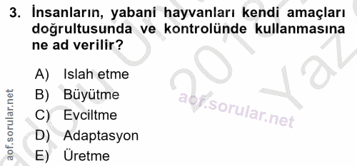 3. soru: İnsanların, yabani hayvanları kendi amaçları doğrultusunda ve kontrolünde kullanmasına ne ad verilir? A) Islah etme B…