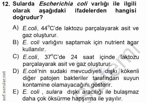 12. soru: Sularda Escherichia coli varlığı ile ilgili olarak aşağıdaki ifadelerden hangisi doğrudur? A) E.coli, 44°C'de laktozu…