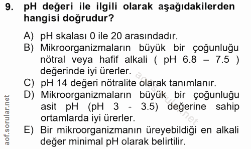 9. soru: pH değeri ile ilgili olarak aşağıdakilerden hangisi doğrudur? A) pH skalası 0 ile 20 arasındadır. B) Mikroorganizmala…