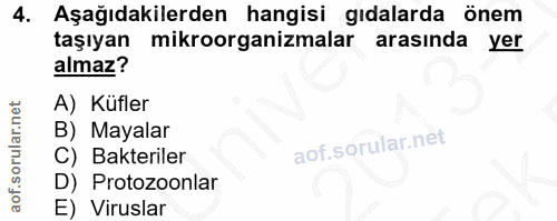 4. soru: Aşağıdakilerden hangisi gıdalarda önem taşıyan mikroorganizmalar arasında yer almaz? A) Küfler B) Mayalar C) Bakteril…