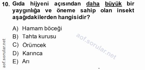 10. soru: Gıda hijyeni açısından daha büyük bir yaygınlığa ve öneme sahip olan insekt aşağıdakilerden hangisidir? A) Hamam böce…